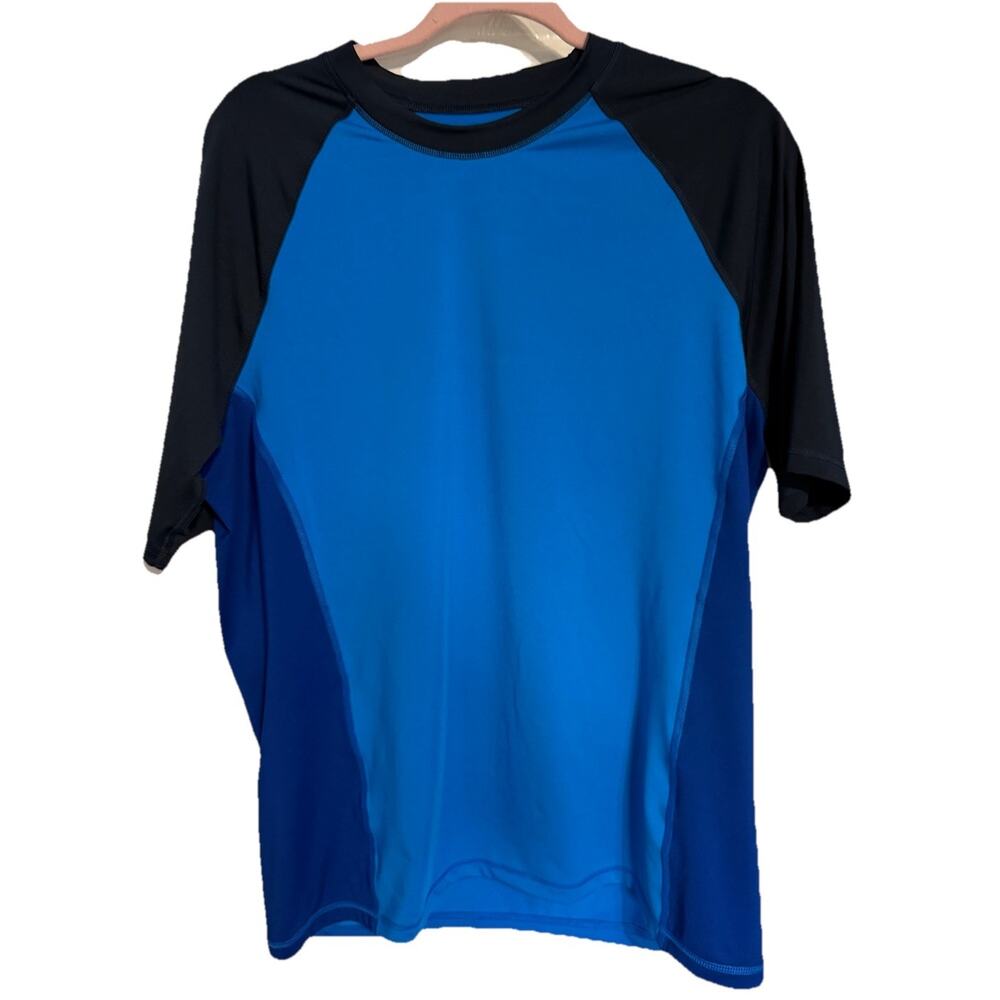 Lands’ End Rash Guard Swim Shirt Blue Black Mens L UPF Short Sleeve